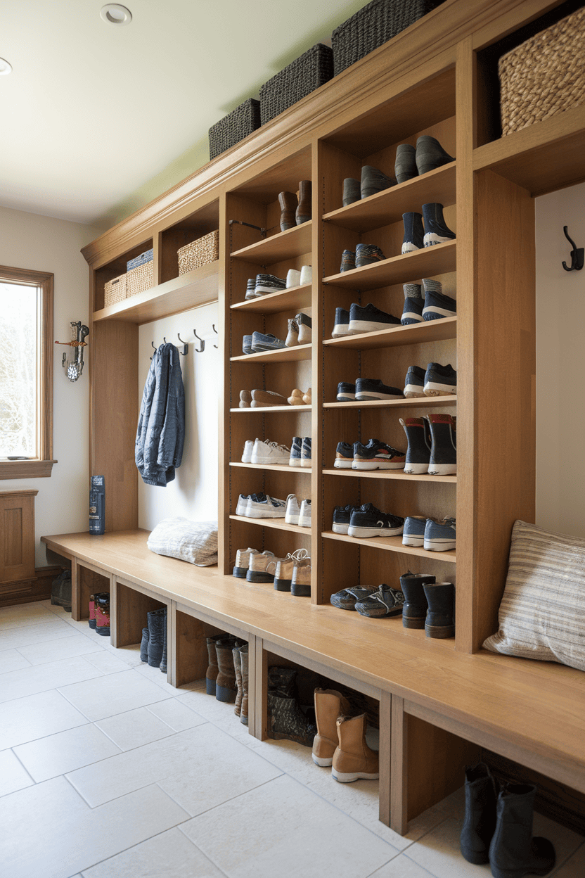 A well-organized mudroom featuring cabinets with shoe storage and hooks for coats.