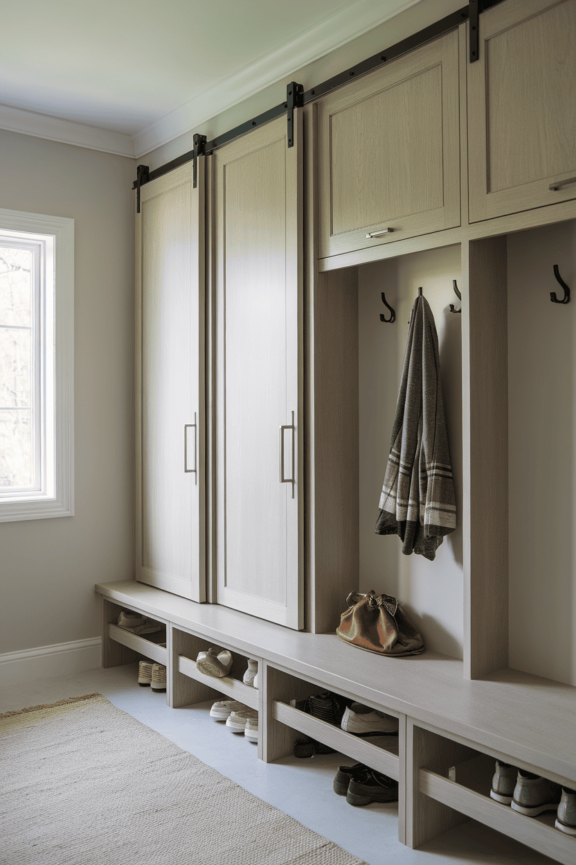 Mudroom cabinet with sliding doors in a well-organized space