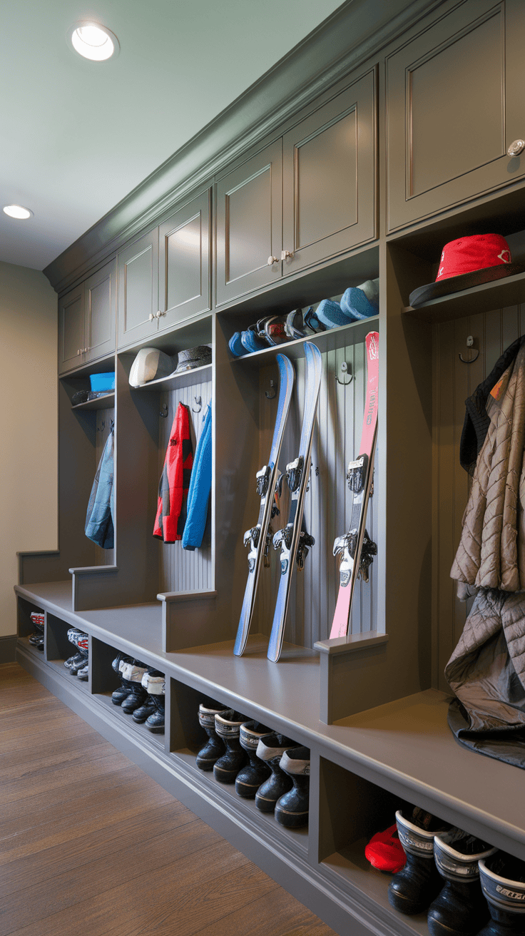 A mudroom with organized shelves for ski gear and winter clothing.