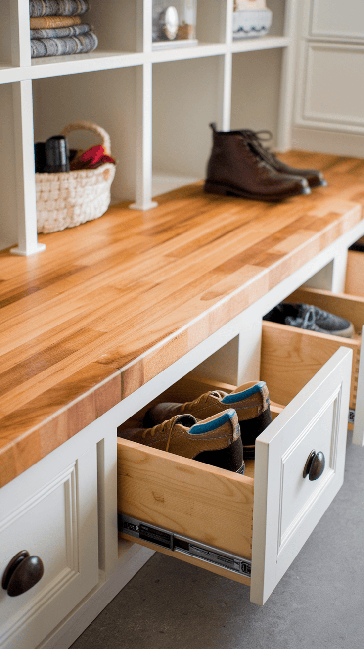 A multi-functional butcher block bench with built-in drawers, featuring neatly arranged shoes and decorative items.