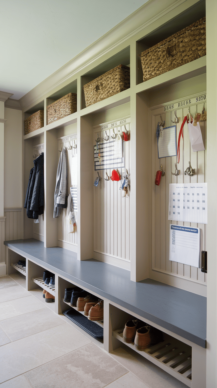 A well-organized mudroom with a multi-panel bulletin board, featuring hooks for coats, baskets above, and a shoe storage area below.