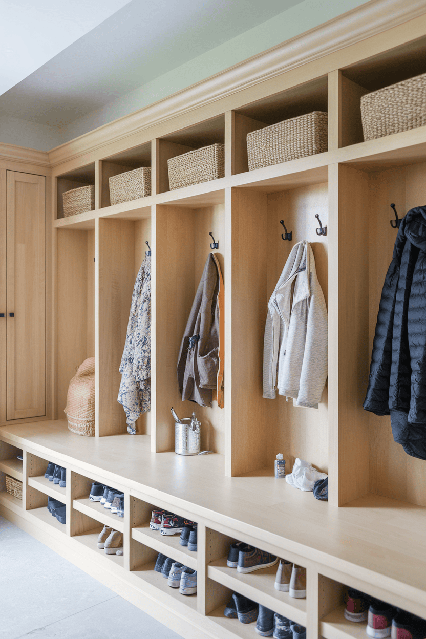 A spacious mudroom with wooden cabinets, hooks for coats, and shelves for shoes.