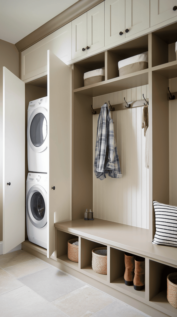 A multi-use furniture design featuring a laundry machine and a seating area with storage underneath.