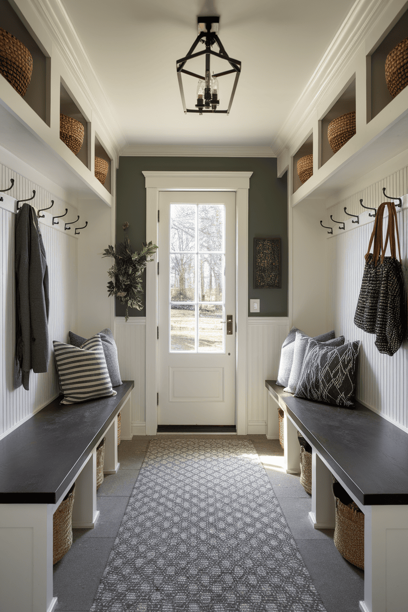 A narrow mudroom with hooks for coats, shelves for storage, and benches for seating.