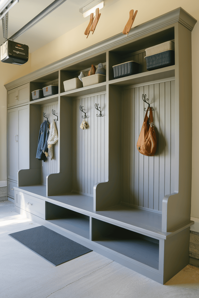 A well-organized garage mudroom featuring hooks and storage bins.