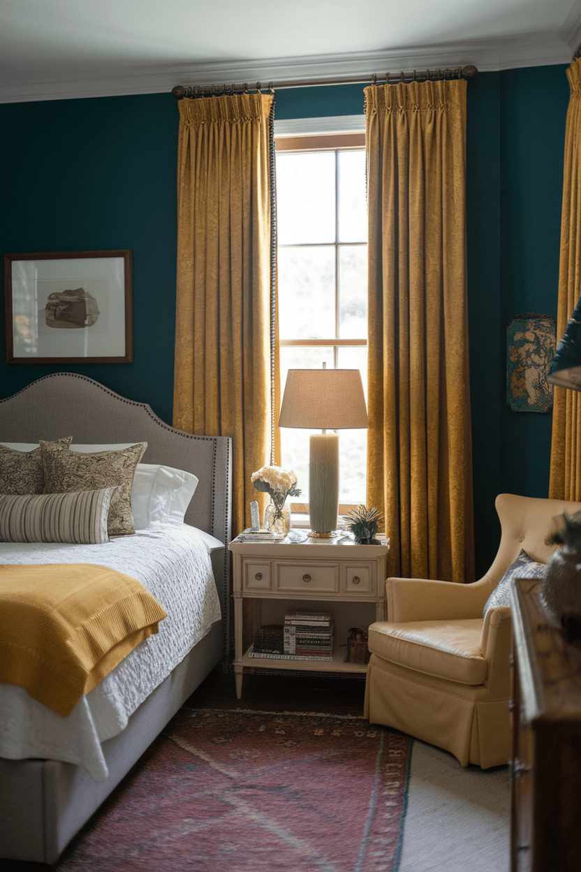 A cozy room featuring mustard yellow drapes against teal walls, a neatly made bed, and a warm lamp on a nightstand.