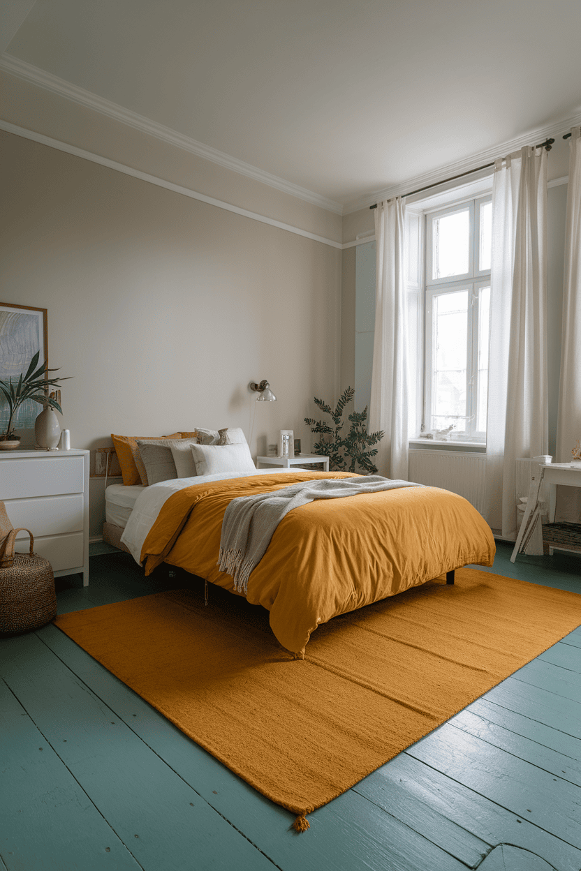 A cozy bedroom featuring a mustard yellow rug on teal wooden floors, with a bed covered in mustard and gray bedding.