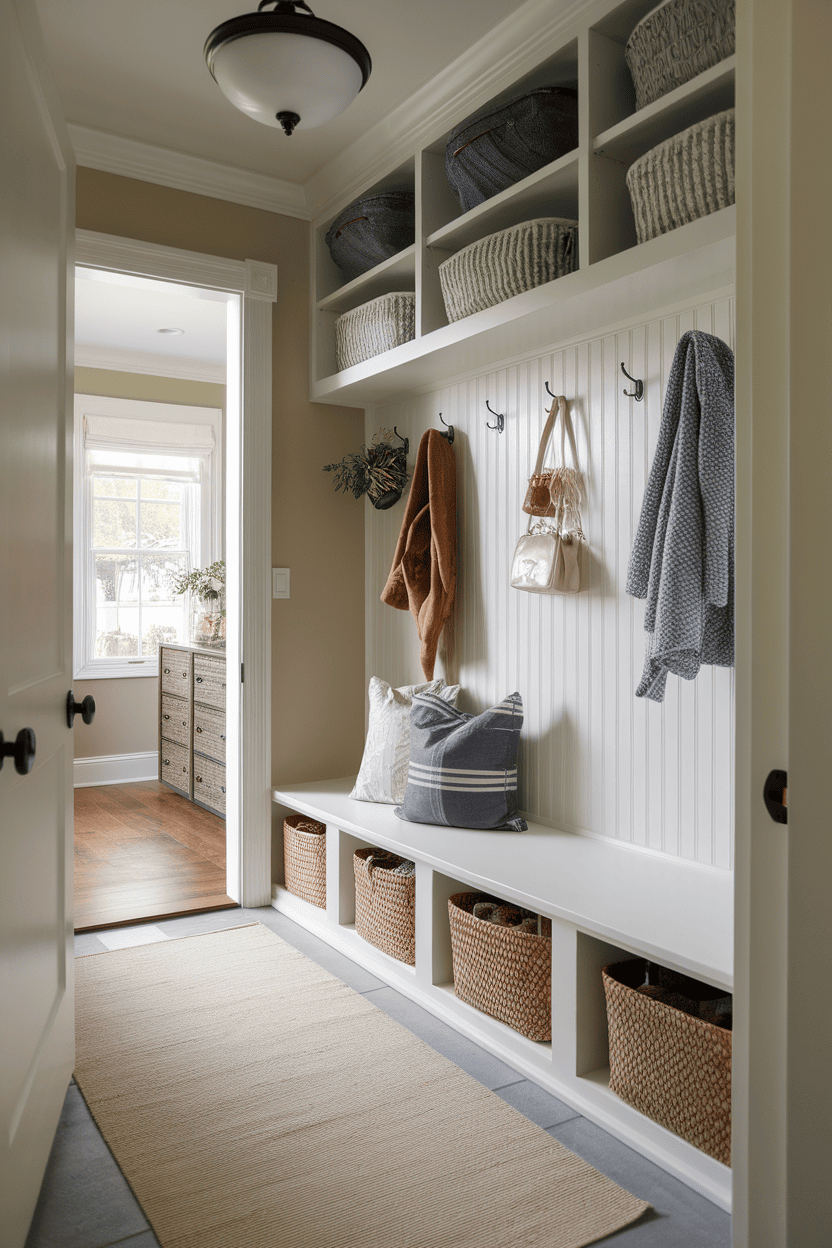 A narrow mudroom with vertical storage, featuring shelves, baskets, and hooks for organization.