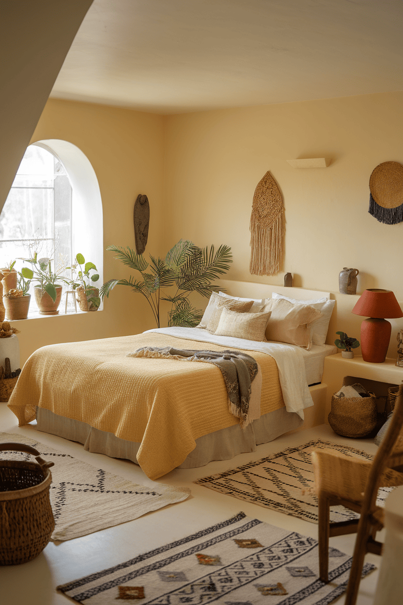 A cozy bedroom with plants, a bed covered in yellow linen, and warm decorative elements.