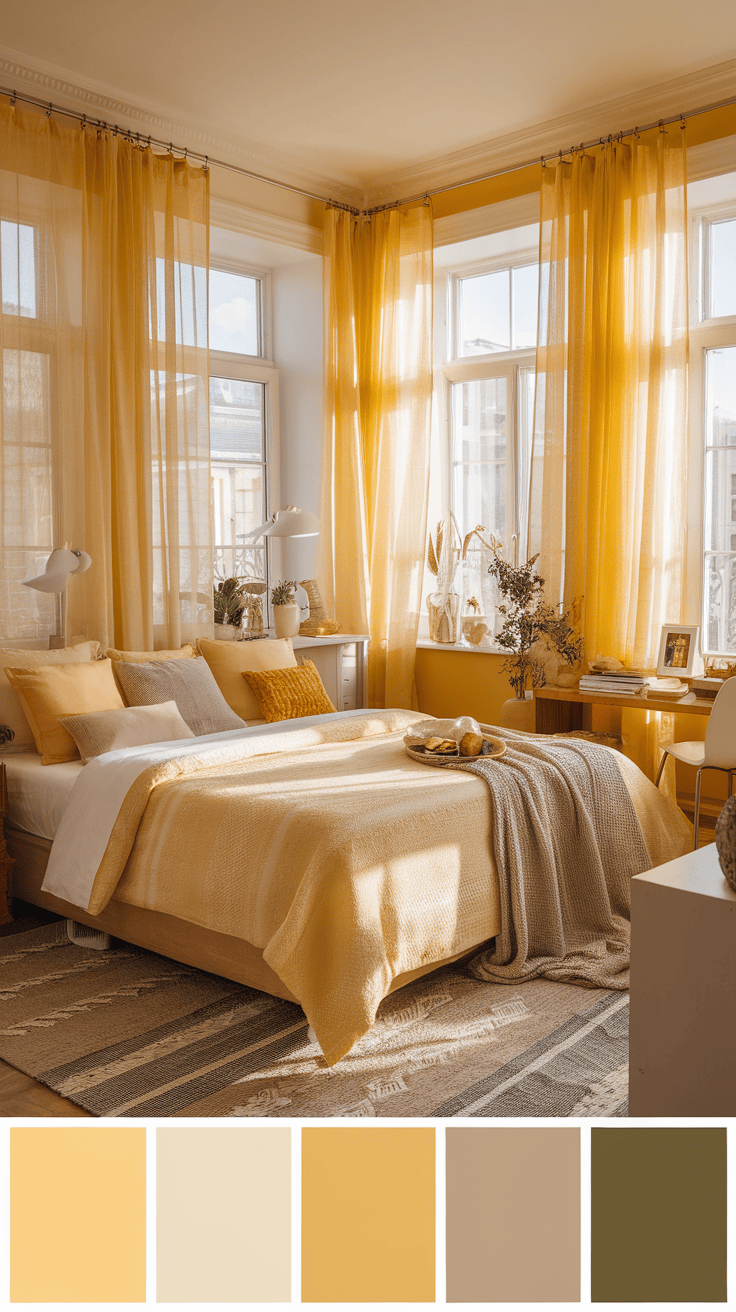 A bright bedroom with yellow curtains, showcasing warm natural light.