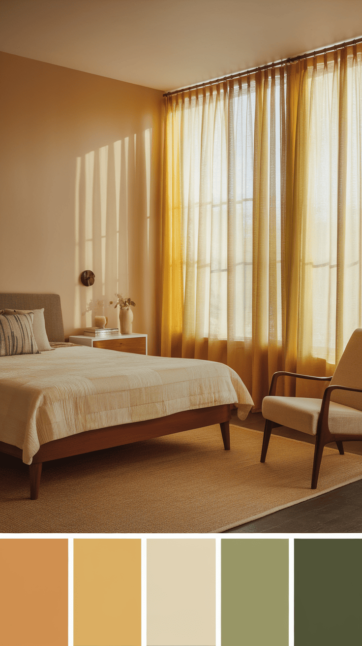 A bright mid century bedroom featuring yellow curtains, warm tones, and natural light.