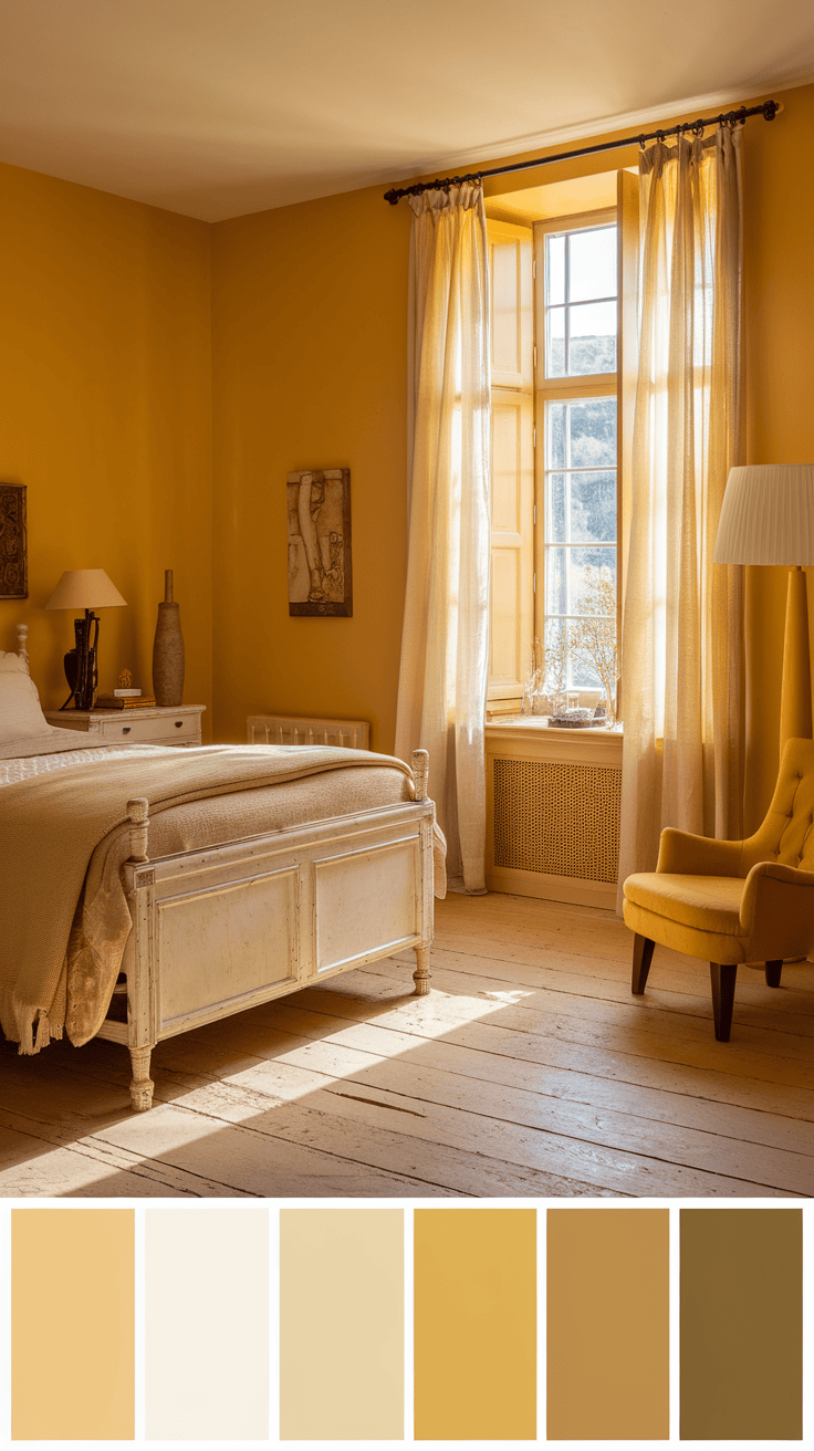 A cozy bedroom with yellow walls, yellow curtains, and warm natural light.