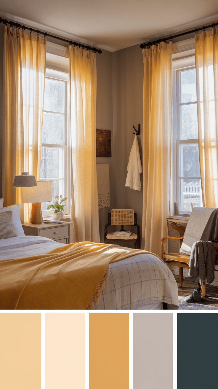 Cozy yellow and grey farmhouse bedroom with natural light and yellow draperies.