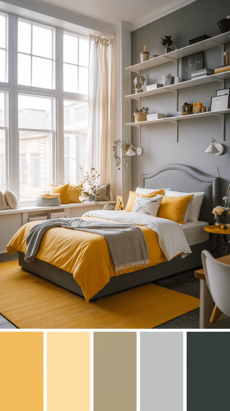 A bright bedroom featuring large windows allowing natural light to illuminate the yellow and gray decor.