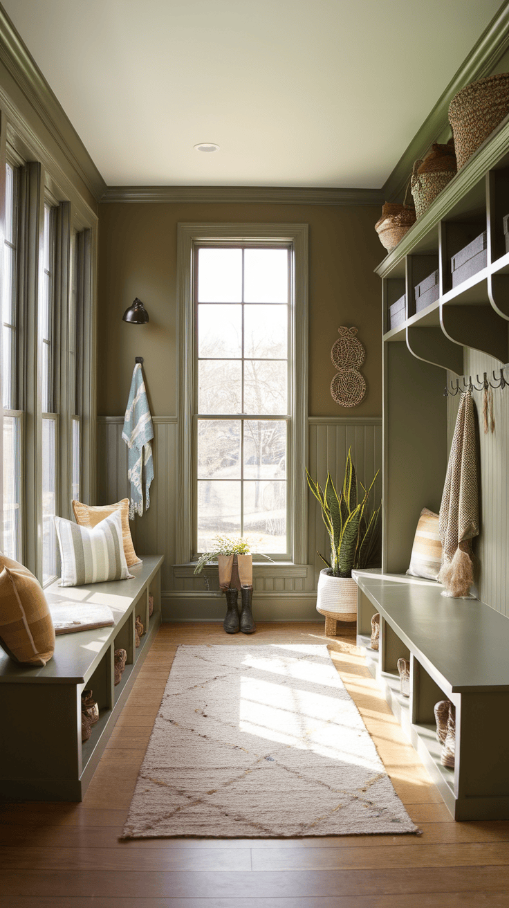 Bright entryway with large windows, showcasing natural light and a cozy atmosphere.