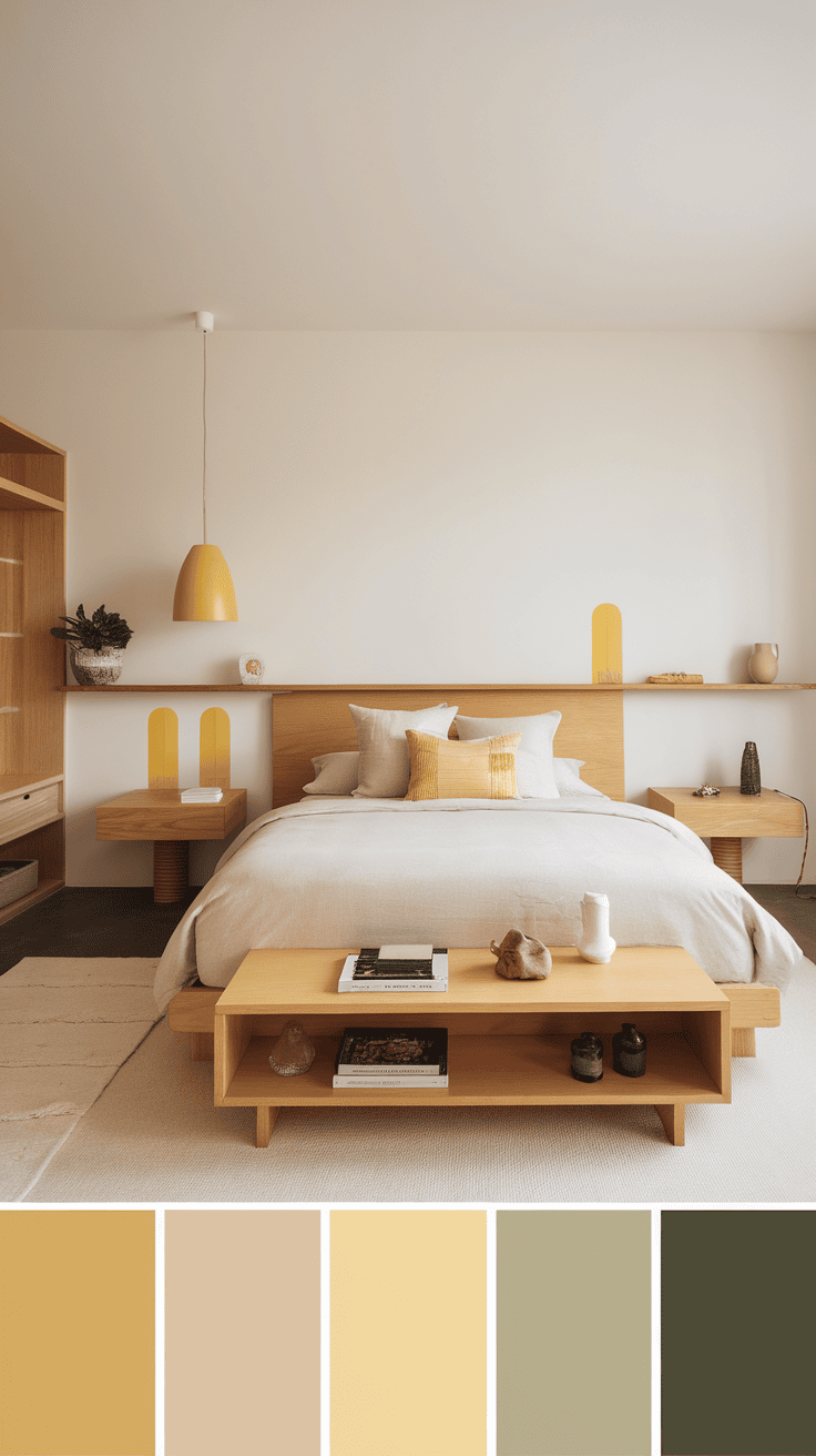 A cozy bedroom featuring natural wood furniture with yellow accents.