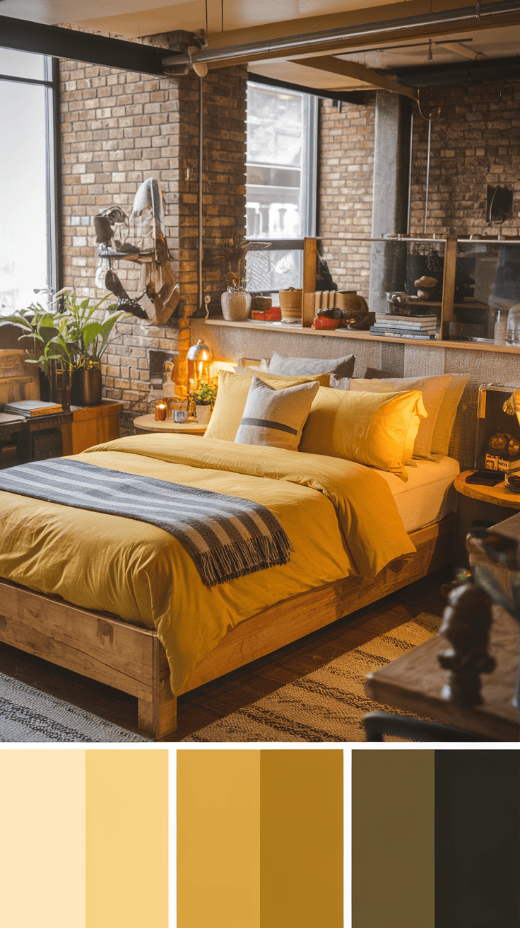 A cozy masculine bedroom featuring natural wood furniture and yellow bedding.