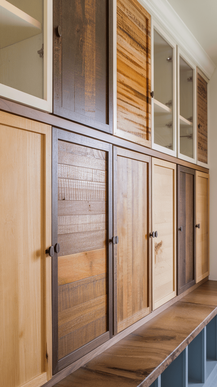 Wooden cabinets with various natural finishes and textures.