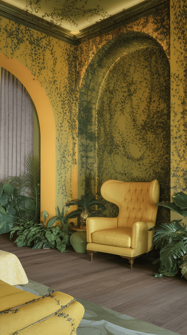 A cozy bedroom with yellow bedding and green walls, surrounded by plants.