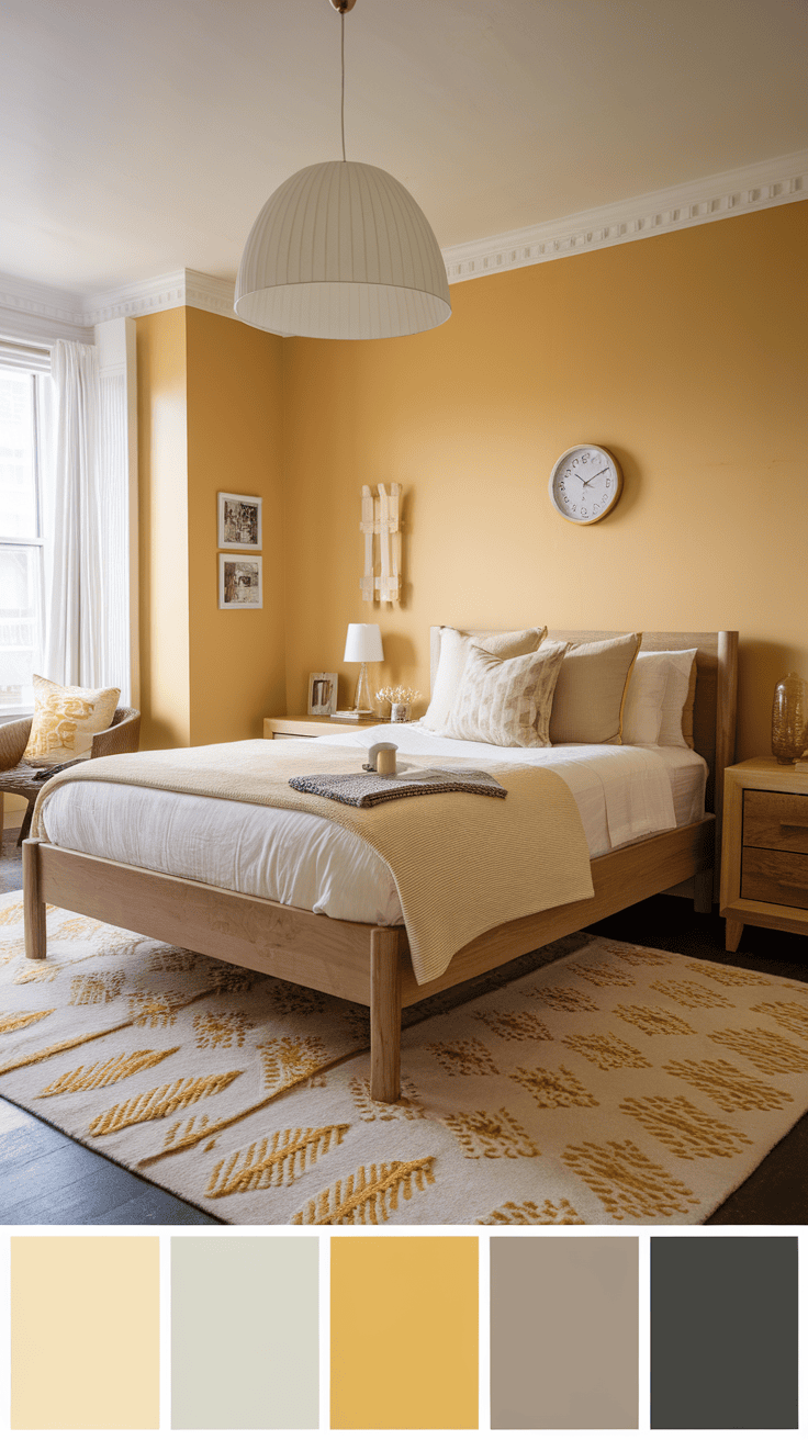 A neutral rug with yellow patterns in a bright bedroom setting