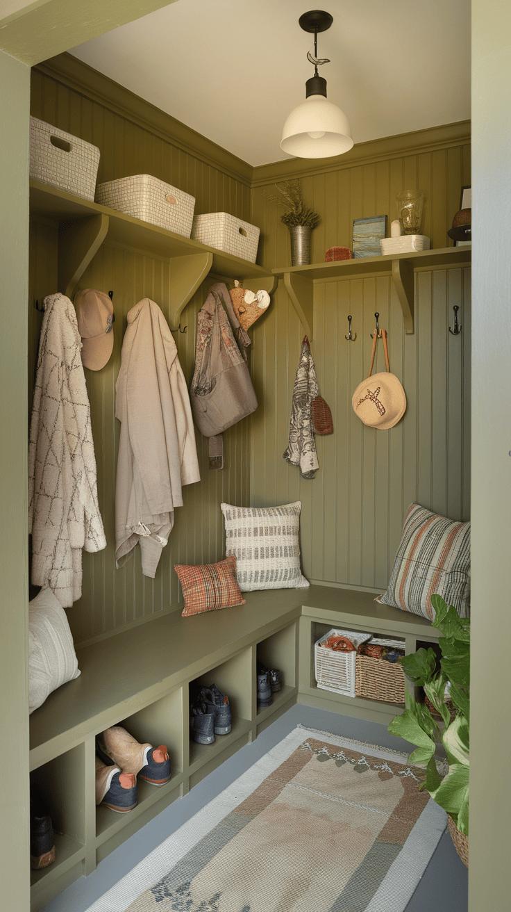 A cozy entryway with olive green walls, featuring hooks for coats, shelves for storage, and a bench with pillows.