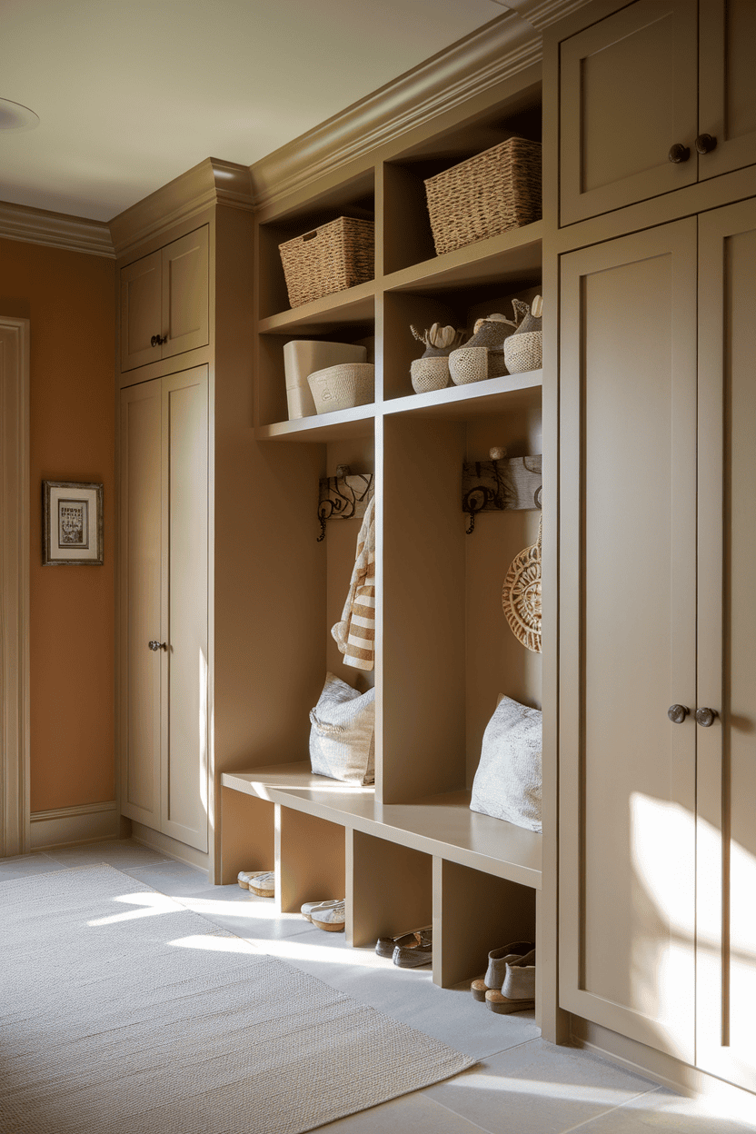 Open shelving and closed cabinets in a mudroom with woven baskets and decorative items.