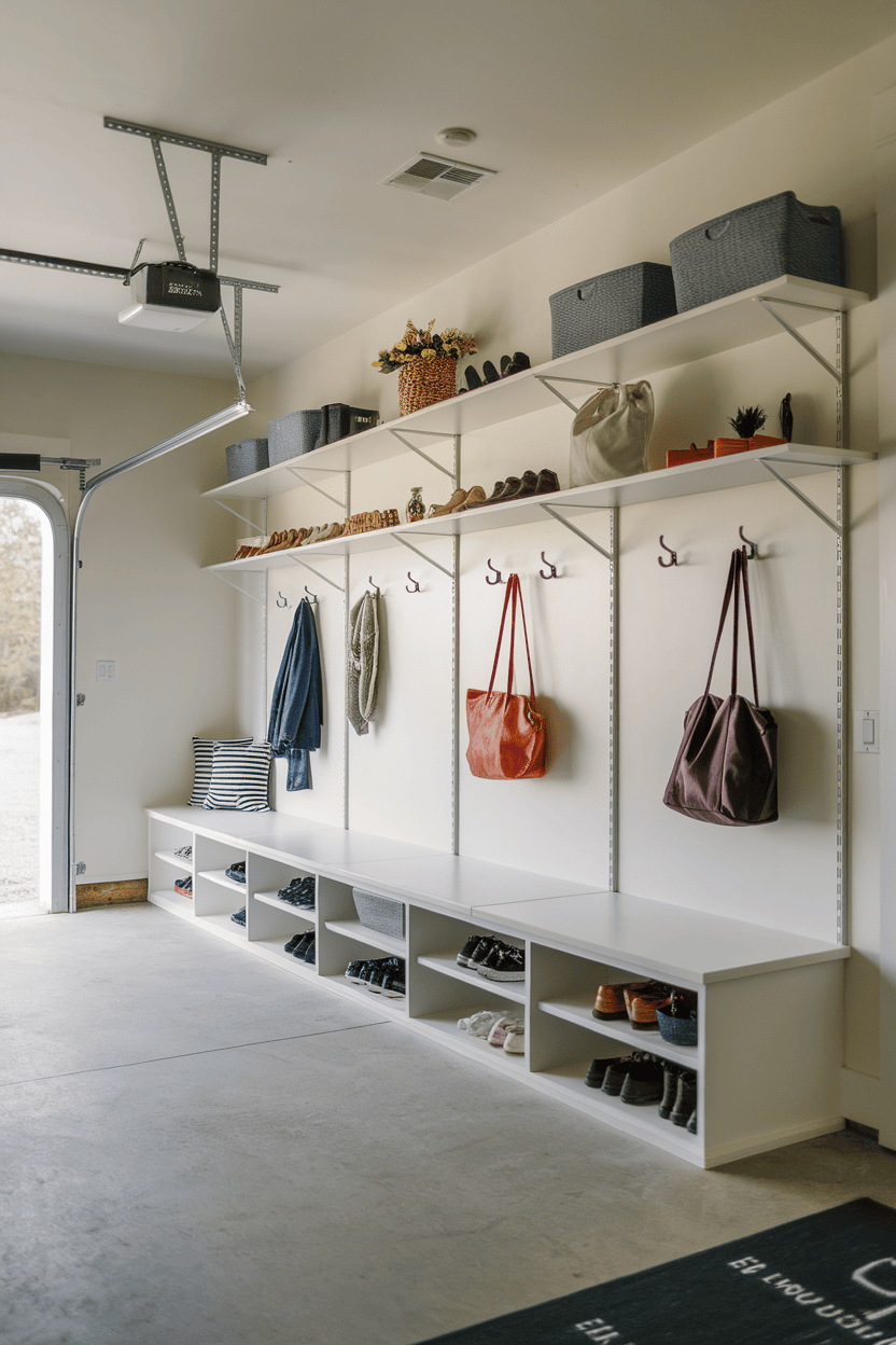 A well-organized garage mudroom with open shelving, displaying shoes, bags, baskets, and a cozy seating area.