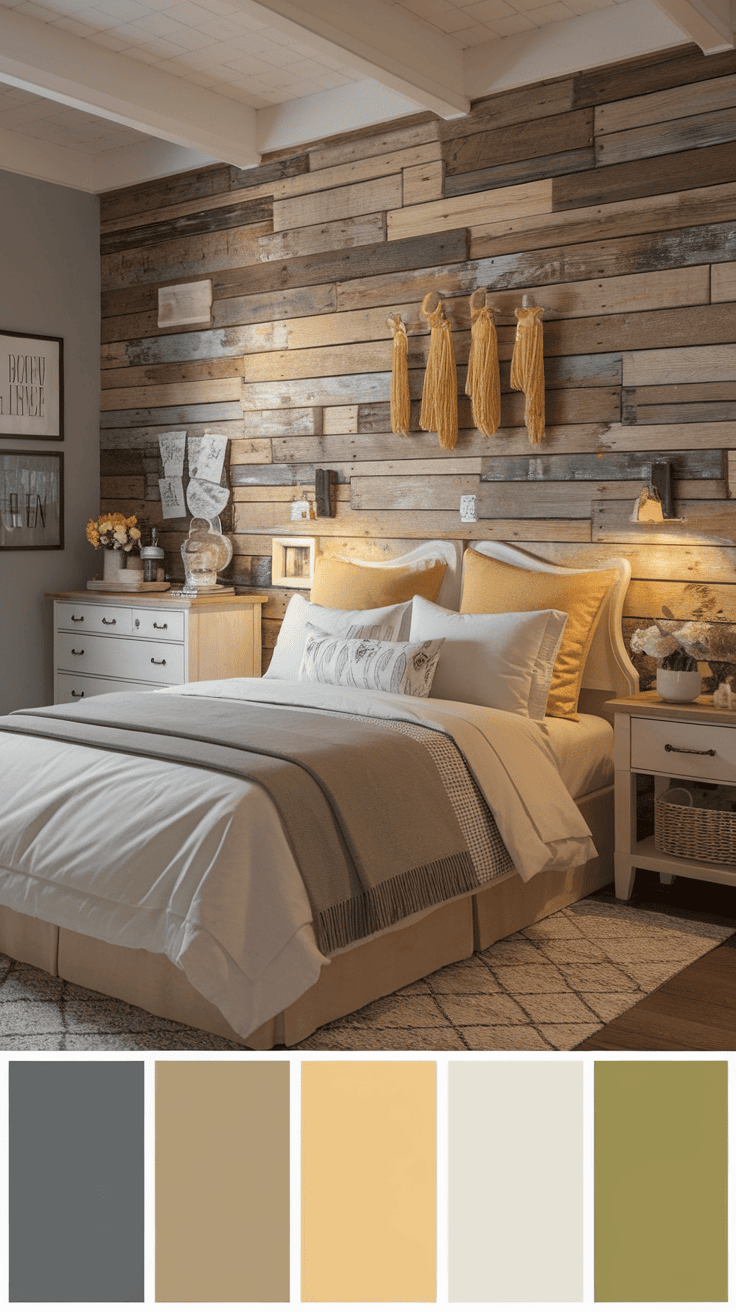 A stylish farmhouse bedroom featuring pallet wood walls and yellow accents.