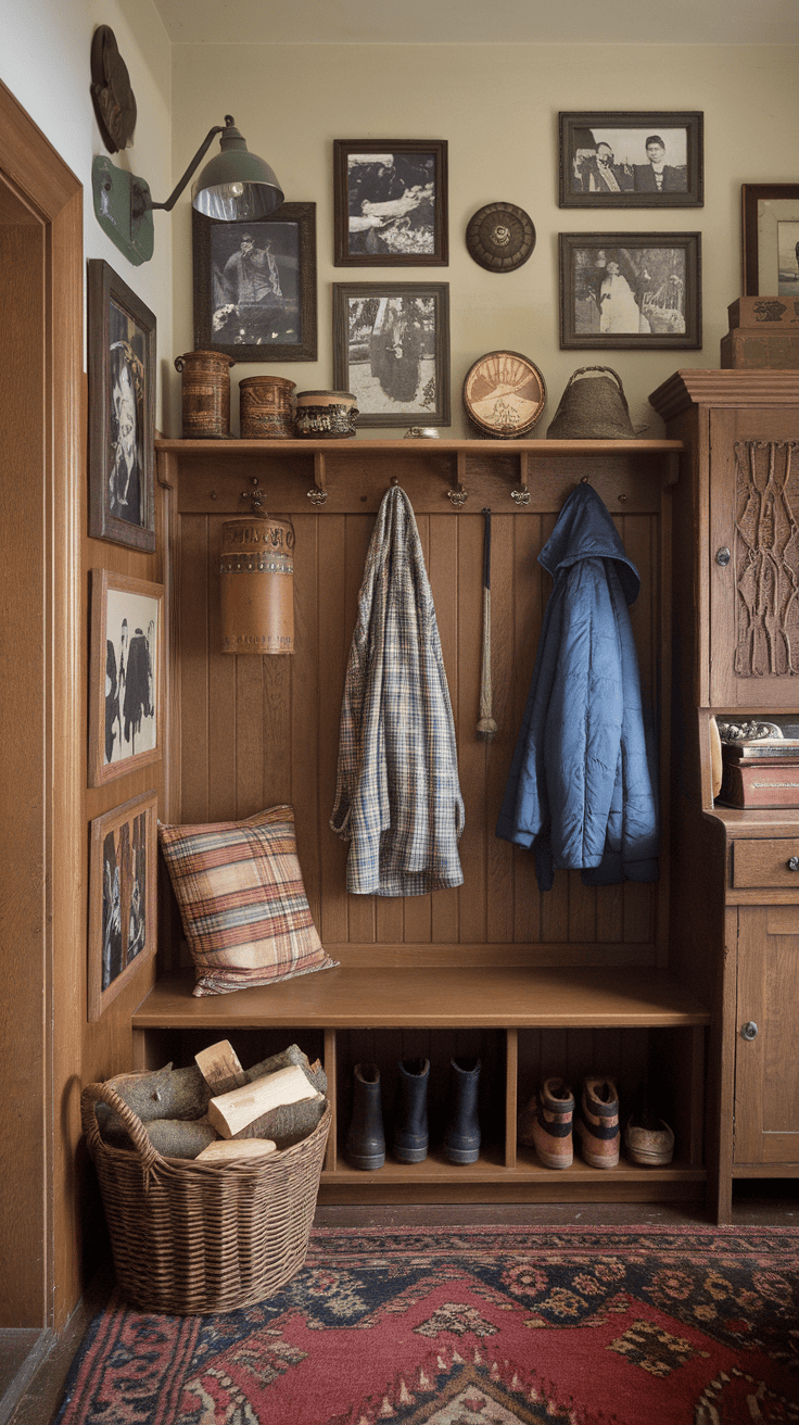 A cozy entryway featuring a wooden bench, hooks with jackets, a basket of logs, and framed photos on the wall.