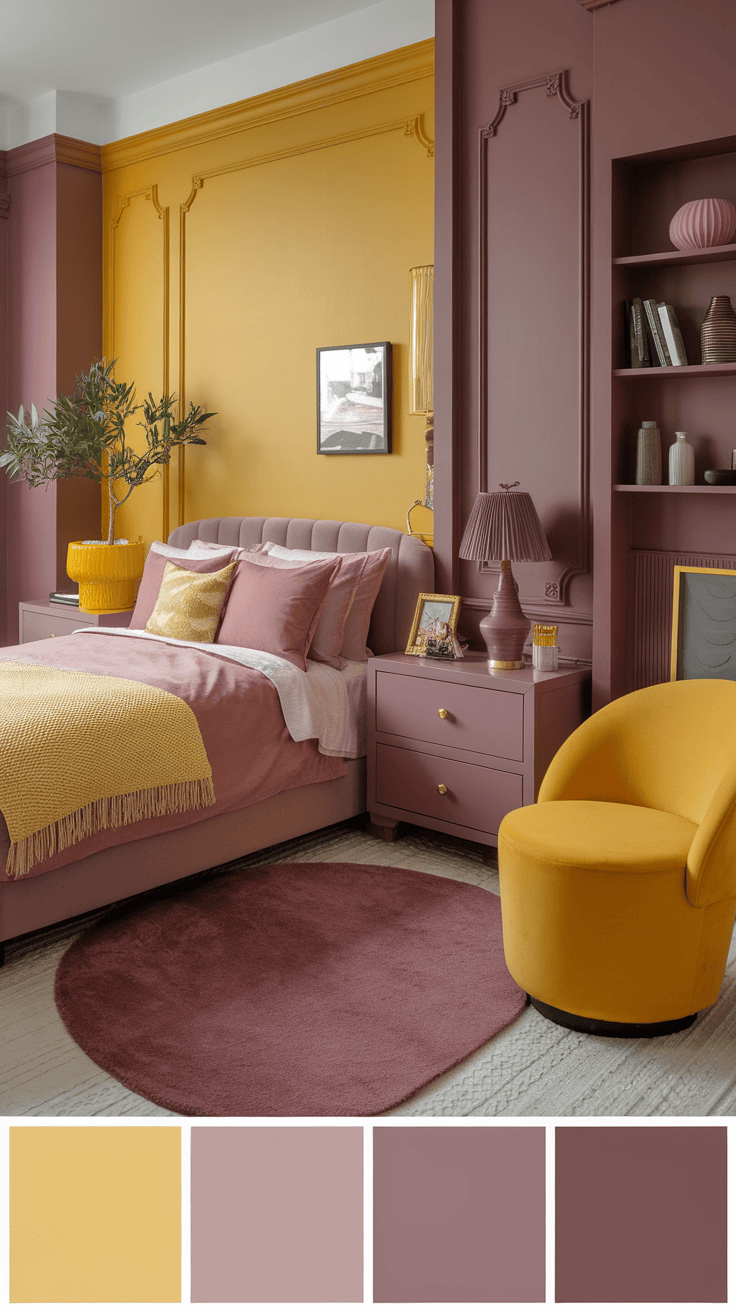 A cozy bedroom featuring yellow and mauve accents, with a plush bed, colorful decor, and warm lighting.