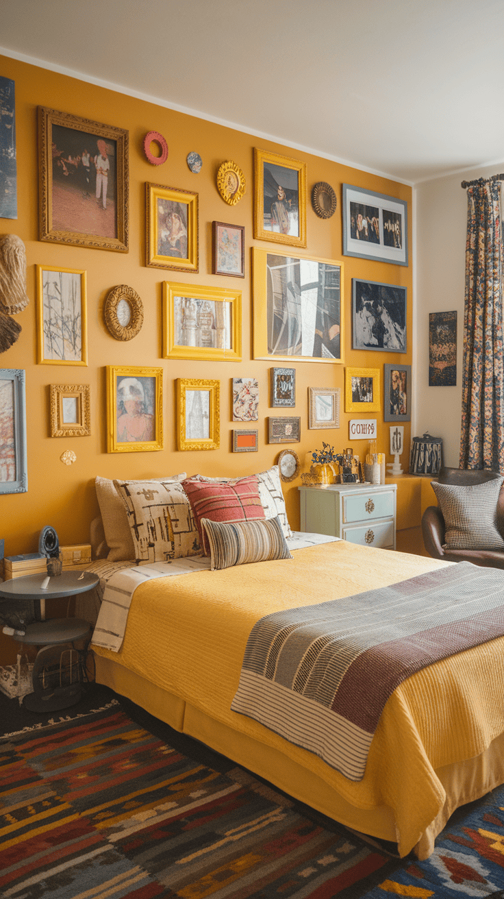 A cozy eclectic bedroom with yellow walls, a colorful rug, and various framed artworks.