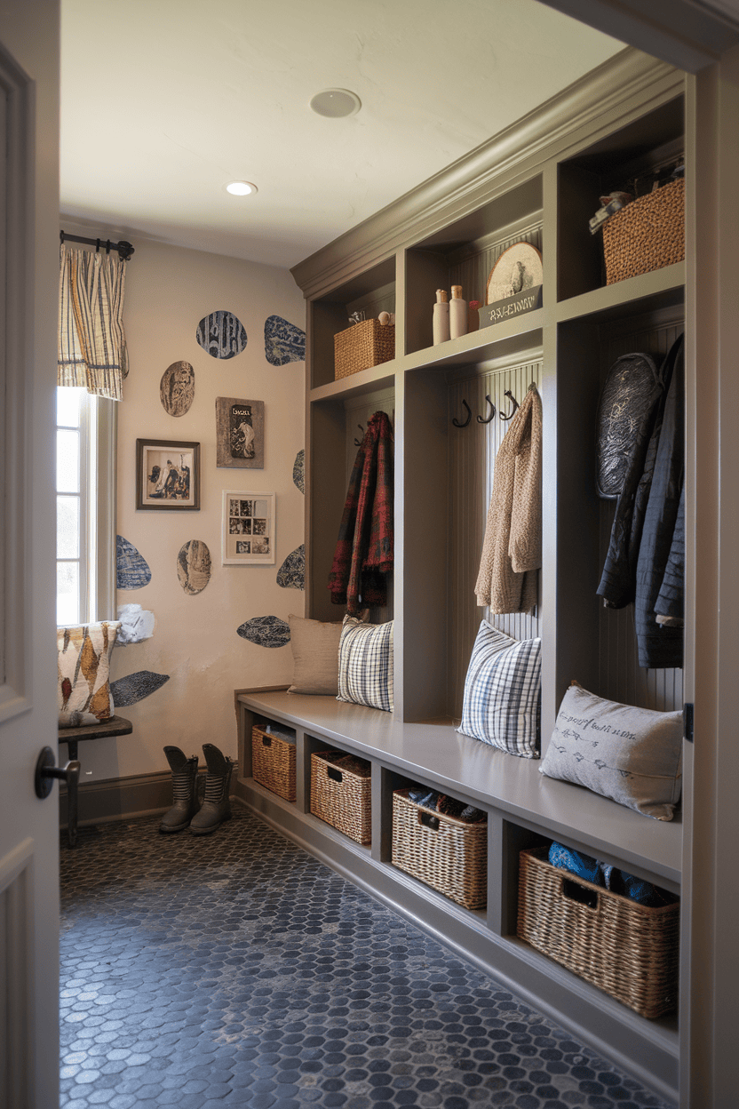 A cozy mudroom with storage, hooks, and decorative elements.