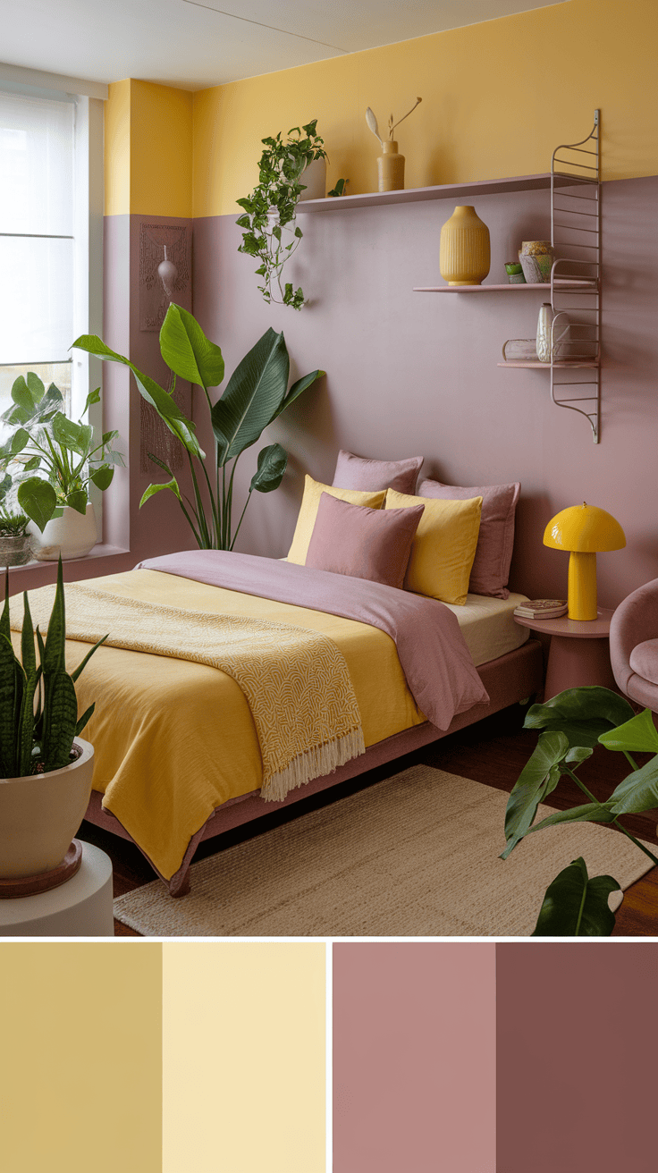 A cozy bedroom featuring plants and warm colors.