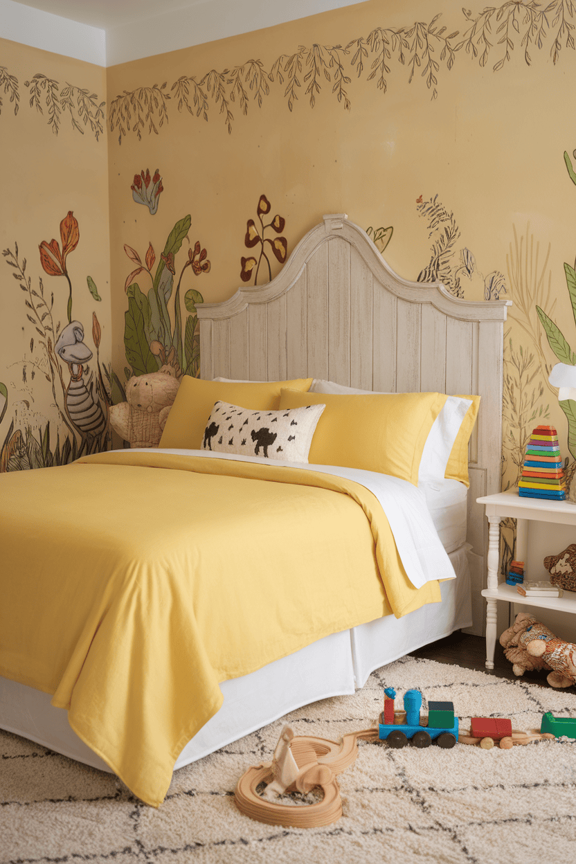 A cozy kids' bedroom featuring yellow bedding, playful wall art, and a warm inviting atmosphere.