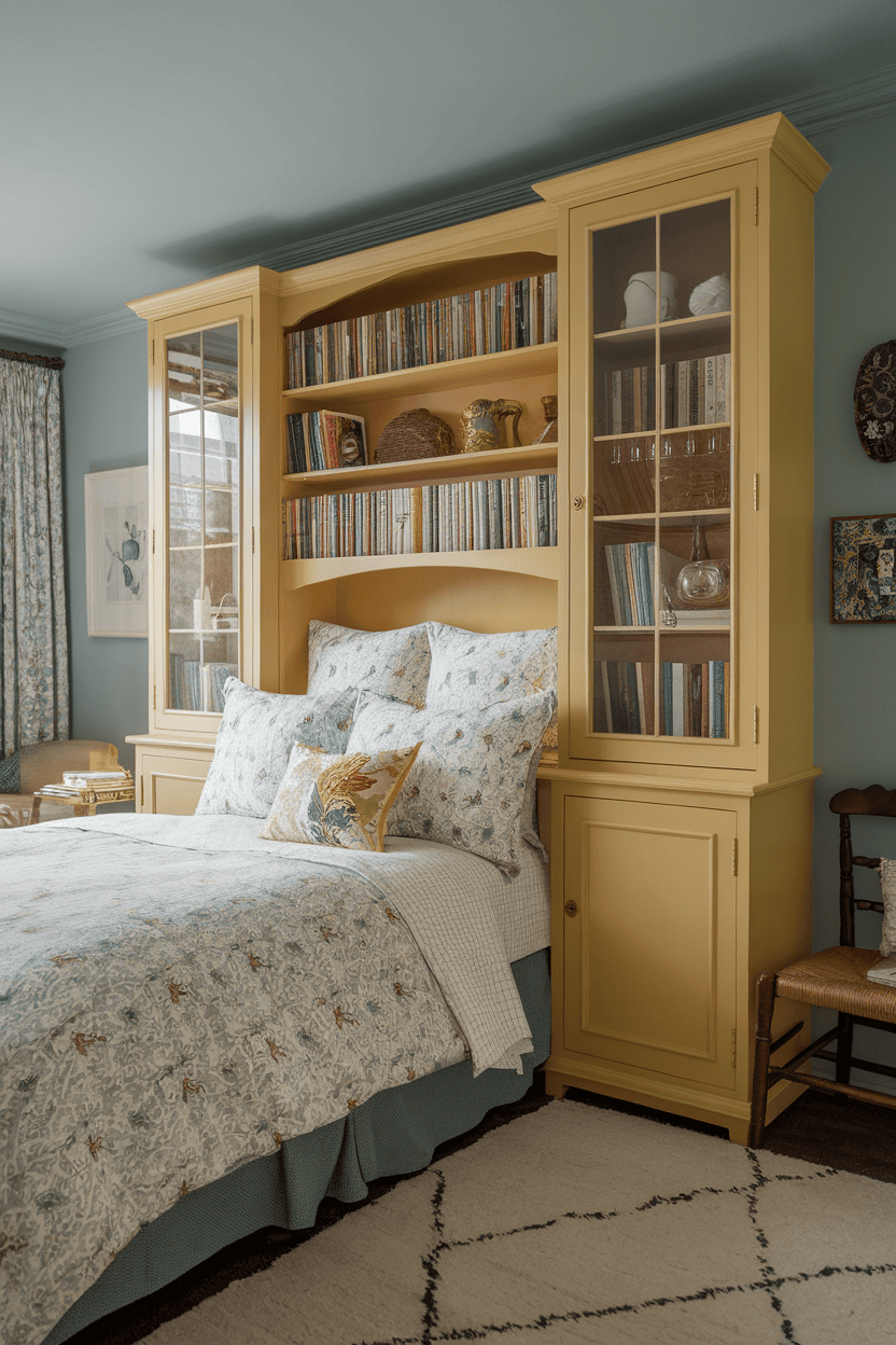 A cozy bedroom featuring yellow furniture, patterned bedding, and soft blue walls.