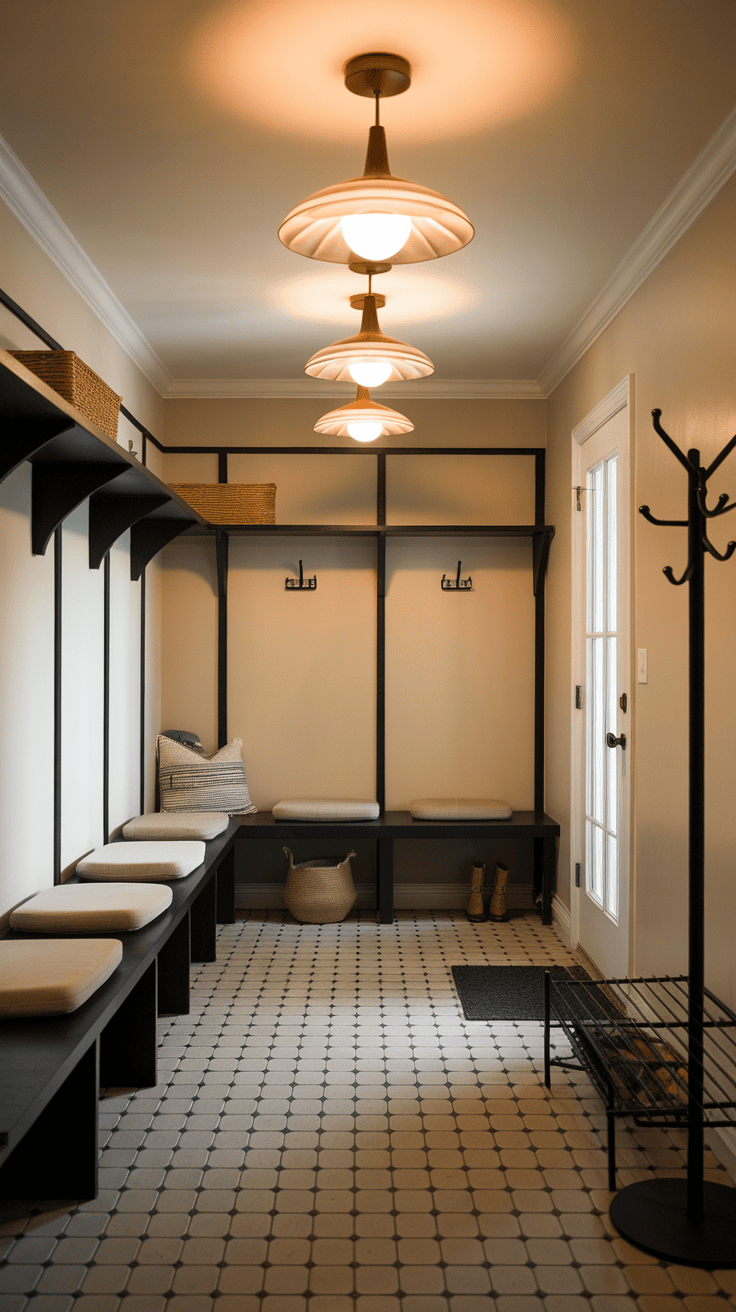 A cozy entryway featuring retro-inspired lighting fixtures, wooden paneling, and warm decor.