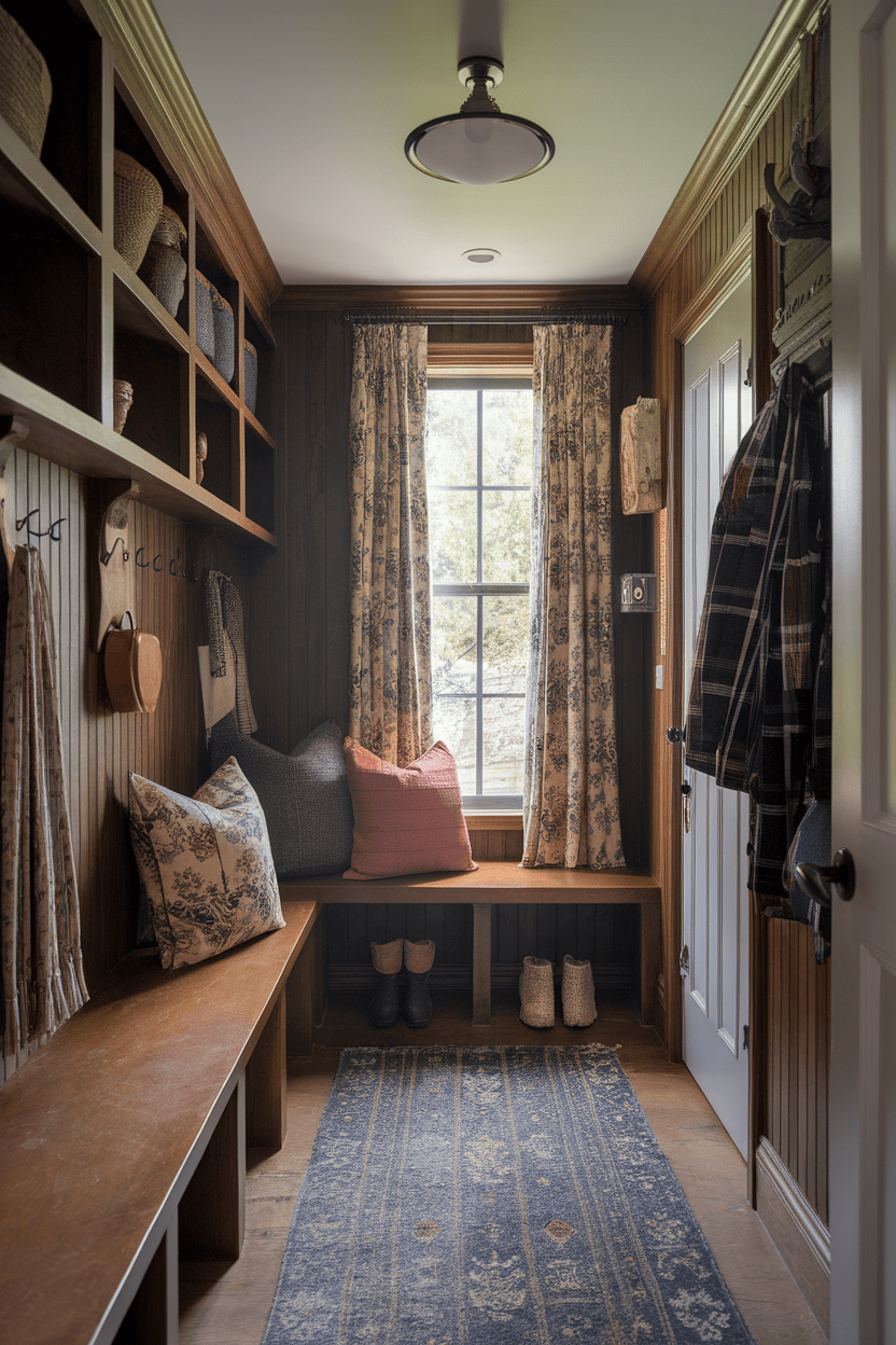 A narrow mudroom entryway featuring wooden shelves, curtains, pillows, and a cozy rug.