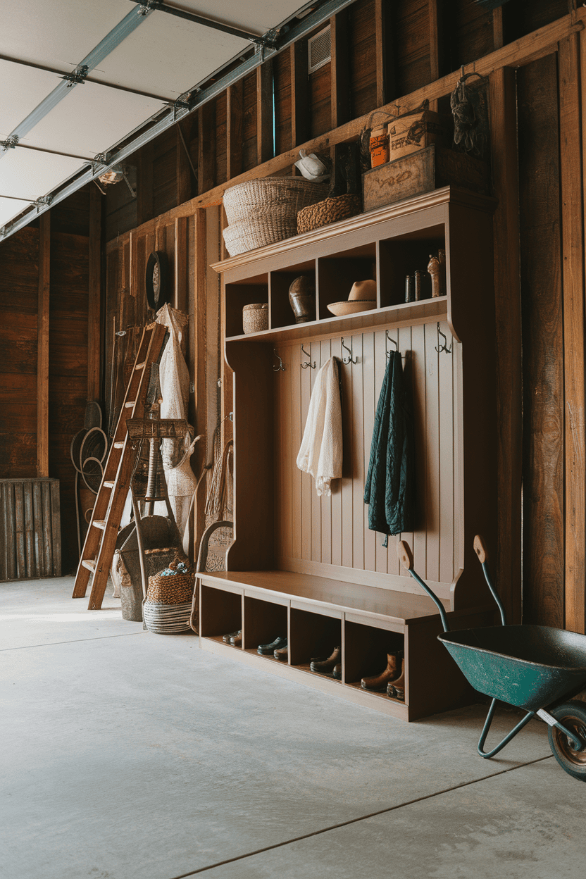 A rustic garage mudroom with wooden walls, a bench with hooks, and various storage items.