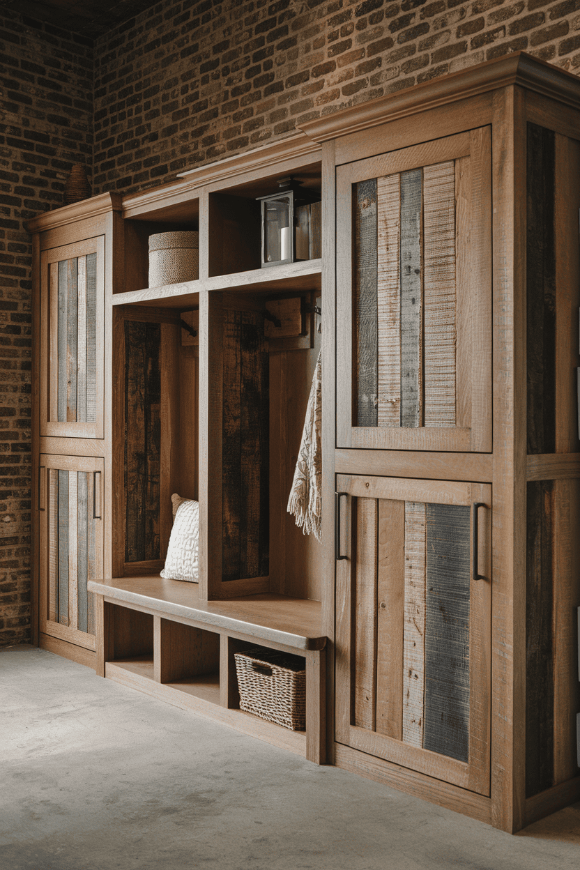 Rustic wooden mudroom cabinets with a bench, showcasing various textures and a cozy design.