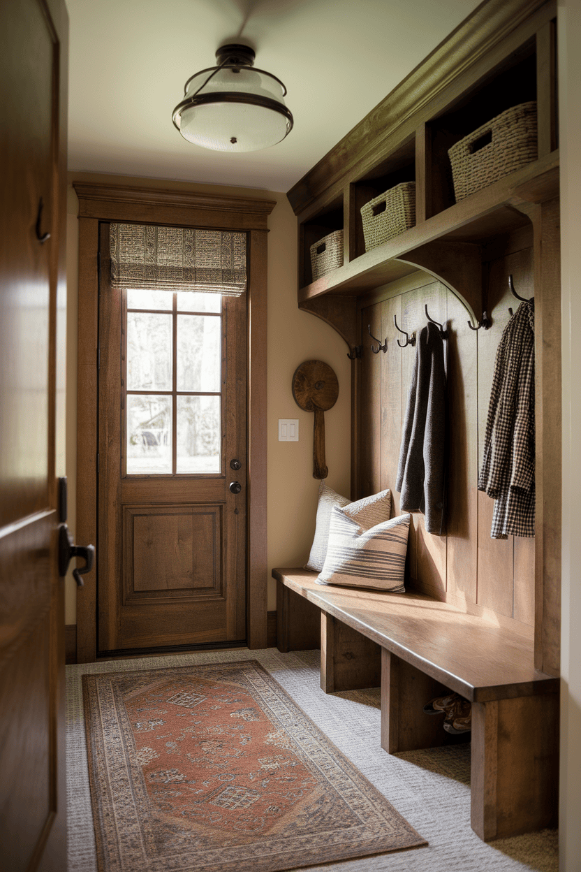 A rustic small mudroom featuring warm wooden accents, hooks for coats, a bench, and a decorative rug.