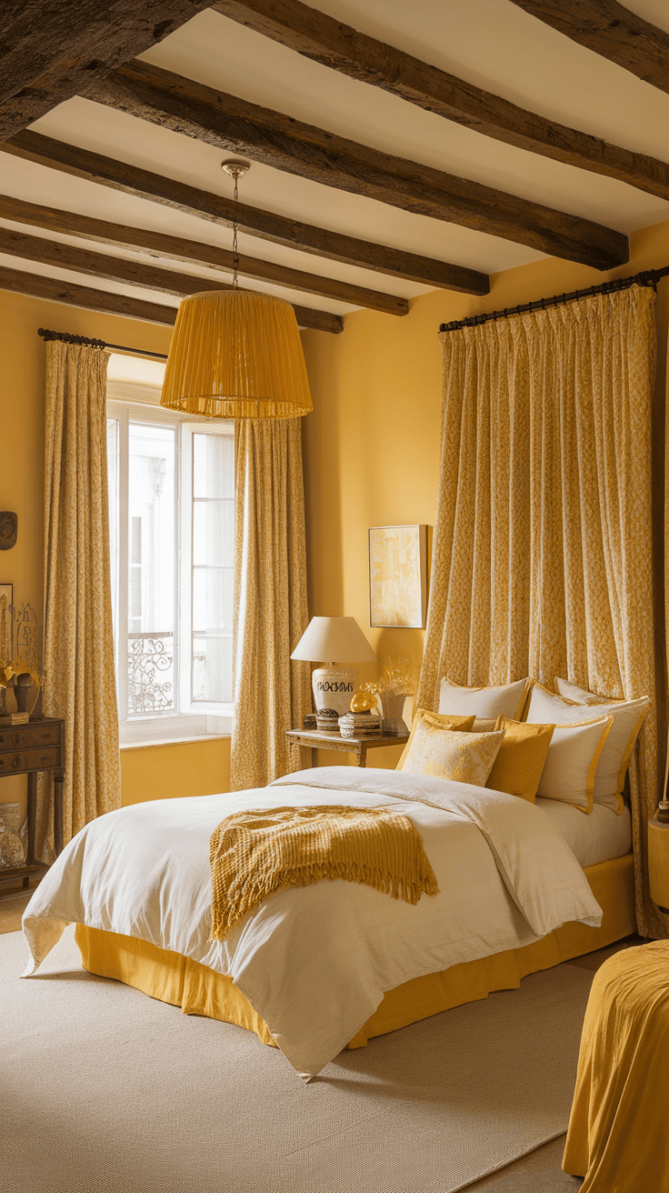 A cozy bedroom with rustic wooden beams on the ceiling and bright yellow decor.