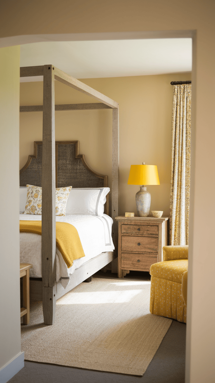 A cozy bedroom featuring rustic wooden furniture, including a four-poster bed, a nightstand, and a soft yellow accent chair.