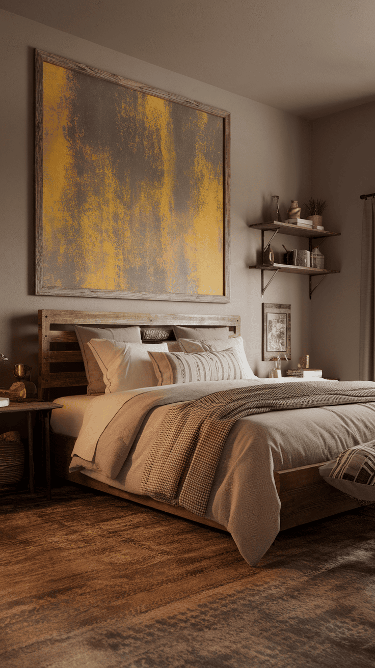 A rustic bedroom featuring a yellow and grey artwork above a wooden bed.