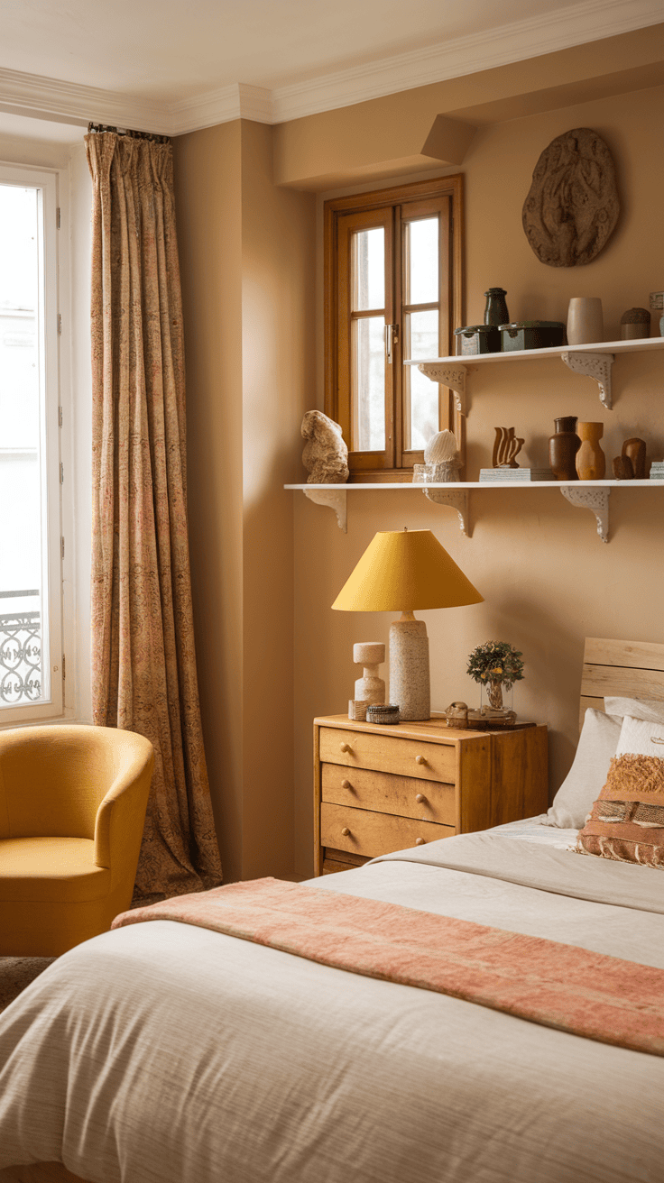 A cozy Parisian yellow bedroom featuring wooden furniture, a yellow lamp, and soft textiles.