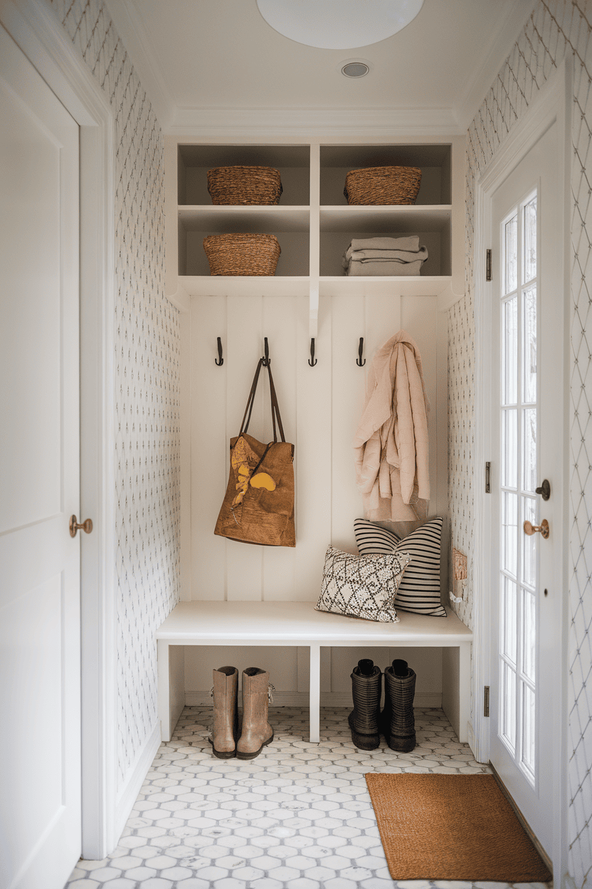 A small Scandinavian mudroom featuring a light and airy design with a bench, hooks, and storage baskets.