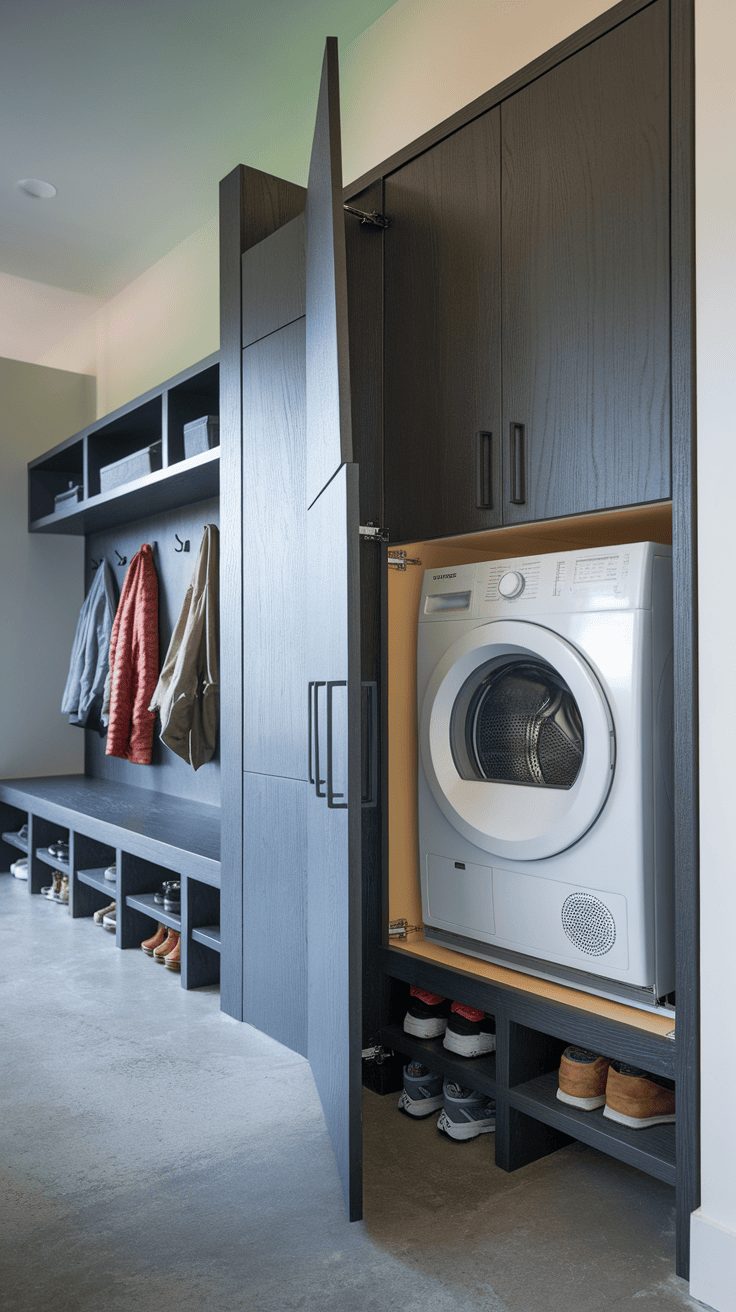 A stylish mudroom with a hidden dryer in a cabinet, showcasing organized storage and a clean design.