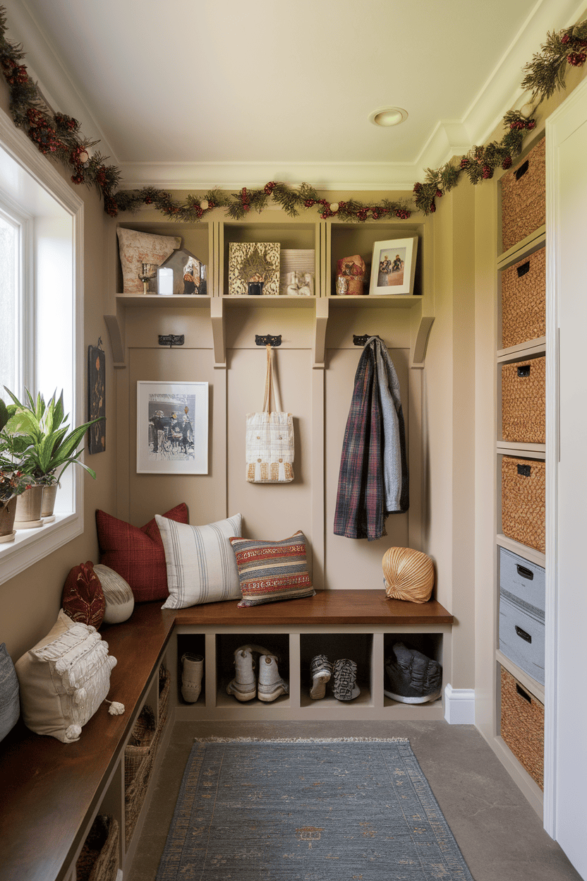 Cozy entryway decorated with seasonal decor including hats, blankets, and pillows