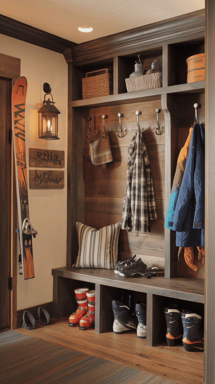 A cozy ski lodge entryway with storage for skiing gear.