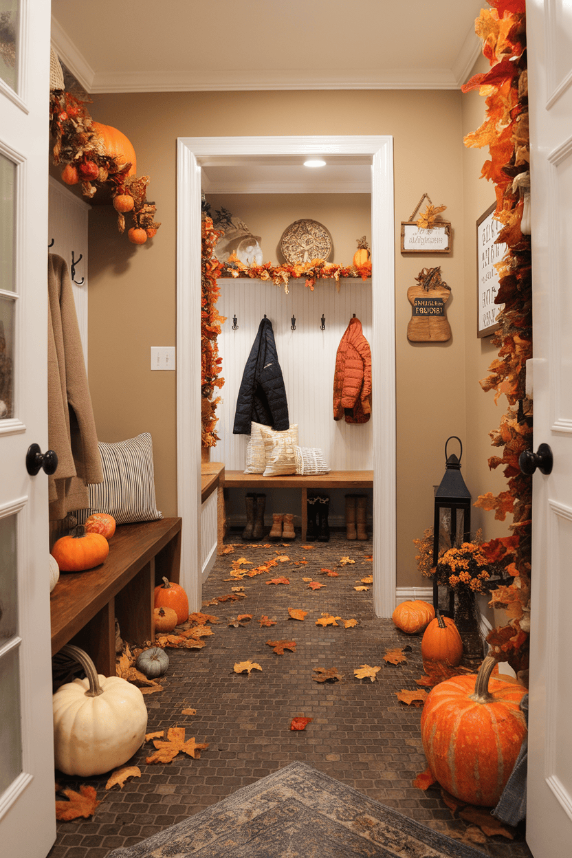 A beautifully decorated mudroom with pumpkins, autumn leaves, and seasonal decor.