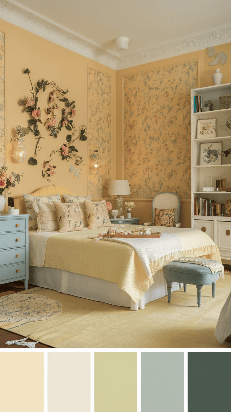 A cozy bedroom with pastel colors, floral decor, and a soft atmosphere.